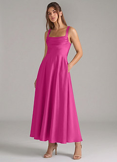 Azazie Shaude Bridesmaid Dresses Fuchsia A-Line Pleated Stretch Satin Dress image5