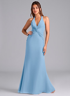 Azazie Valerie Vestidos de damas de honor Vestido de Azul Pálido de Gasa de Corte Sirena con Plisado image1