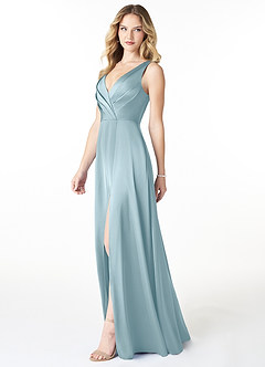 Azazie Nelly Bridesmaid Dresses Moody Blue A-Line V-Neck Pleated Stretch Satin Dress image3