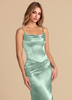 Azazie Sorrel Jurken voor bruidsmeisjes Converteerbaar Jurk van Metaalachtig Satijn met Zeemeermin Korset Agave image7