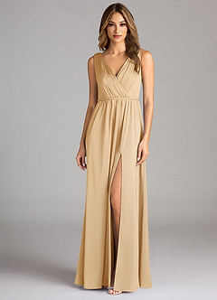 Azazie Tanicia Bridesmaid Dresses Gold A-Line Pleated Stretch Satin Dress image3