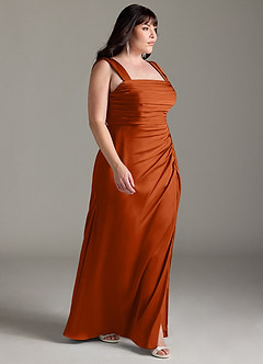 Azazie Jesaphine Robes de demoiselle d'honneur Robe Fourreau en Satin extensible Arc Orange Brûlée image10