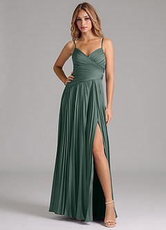 Azazie Vini Bridesmaid Dresses Sea Moss A-Line Pleated Stretch Satin Dress image3