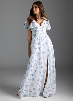 Azazie Kimber Bridesmaid Dresses Blue Cottage Floral A-Line Flounce Sleeve Chiffon Dress image1