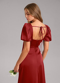 Azazie Fyona Bridesmaid Dresses Pomegranate A-Line Pleated Stretch Satin Dress image7