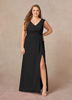Azazie Sally At-home Try On Dresses Black A-Line V-Neck Pleated Chiffon Dress image6