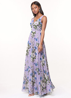 Azazie Keyla Robes de demoiselle d'honneur Robe Trapèze en Mousseline de soie Col V plissé Lilas Floral image2