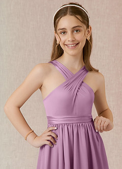 Azazie Jiya Junior A-linja Pliseerattu Joustava satiini Lattian pituus Nuorempi morsiusneito Pukeutua image4