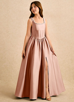 Azazie Enid Girls Formal Blumenmädchenkleider A-Linie Mit Perlen Stretch-Satin Kleid Roségold image3