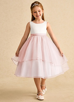 Azazie Rene Flower Girl Dresses Ivory Blushing Pink A-Line Bow Tulle Dress image4