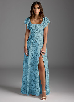Azazie Bondi Bridesmaid Dresses Blue Fern Floral A-Line Ruffled Chiffon Dress image2