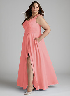 Azazie Karina Bridesmaid Dresses Coral A-Line Pleated Chiffon Dress image7