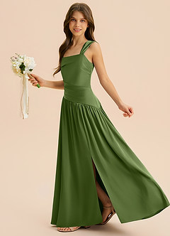 Azazie Dotty Junior A-Linie Plissee Stretch-Satin Kleid Wacholder image5