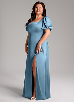 Azazie Fyona Bridesmaid Dresses Steel Blue A-Line Pleated Stretch Satin Dress image10