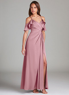 Azazie Dakota Bridesmaid Dresses Vintage Mauve A-Line Off the Shoulder Stretch Satin Dress image1