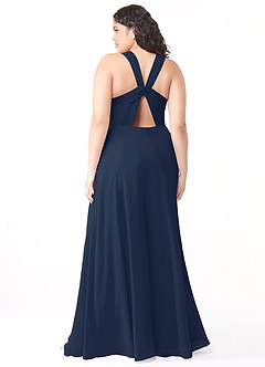 Azazie Jane Vestidos de damas de honor Vestido de Azul Marino Oscuro de Gasa de Corte en A con Cuello en V plisado image7