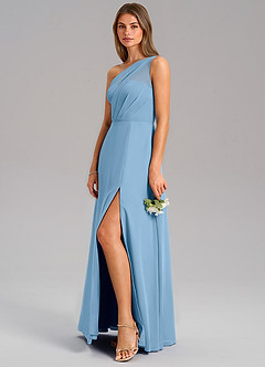 Azazie Phaedra Abiti da Damigella Abito A-Line in Chiffon Monospalla Blu Acciaio image13