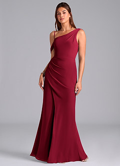 Azazie Madelyn Robes de demoiselle d'honneur Robe Sirène Convertible en Mousseline de soie Ue épaule Bourgogne image4