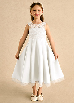 Azazie Amari Flower Girl Dresses Ivory A-Line Lace Matte Satin Dress image2