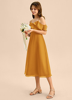 Azazie Kamilla Junior Butterscotch A-Line Off the Shoulder Chiffon Dress image3