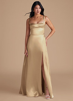 Azazie Hope Bridesmaid Dresses Champagne A-Line with Pockets Metallic Satin Dress image5