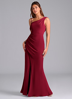 Azazie Madelyn Robes de demoiselle d'honneur Robe Sirène Convertible en Mousseline de soie Ue épaule Bourgogne image5