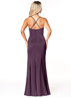 Azazie Marzia Bridesmaid Dresses Plum Sheath Cowl Pleated Stretch Satin Dress image4