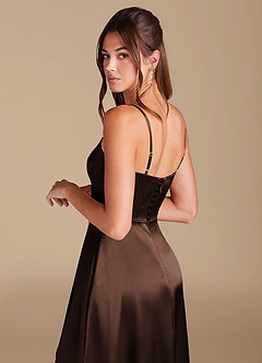 Azazie Halsey Bridesmaid Dresses Ganache A-Line Side Slit Metallic Satin Dress image2