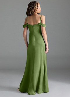 Azazie Amyra Junior Juniper Sheath Off the Shoulder Stretch Satin Dress image5