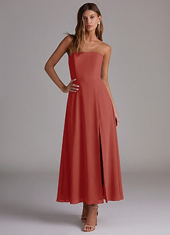 Azazie Wren Vestidos de madrinha de casamento Vestido Terracota de Chiffon de Linha A com Sem alças image5
