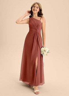 Azazie Brooke Junior Robe Trapèze en Mousseline de soie Fente Latérale Auburn image3