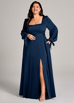 Azazie Leonia Bridesmaid Dresses Dark Navy A-Line Long Sleeve Stretch Satin Dress image8