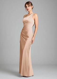 Azazie Madelyn Jurken voor bruidsmeisjes Converteerbaar Jurk van Stretch Satijn met Zeemeermin One-Shoulder Engelse Roos image6