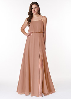 Azazie Lupe Vestidos de damas de honor Vestido de Champán Rosado de Gasa de Corte en A con Cuello redondo image1