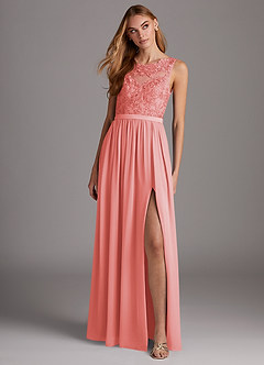 Azazie Elly Robes de demoiselle d'honneur Robe Trapèze en Mousseline de soie Encolure dégagée en dentelle Corail image3