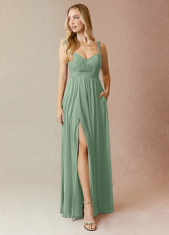 Azazie Reniya Bridesmaid Dresses Matcha A-Line Pleated Mesh Convertible Dress image1