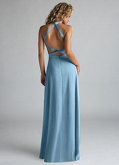 Azazie Clarice Brautjungfernkleider A-Linie Hoher Kragen Stretch-Satin Kleid Stahlblau image3
