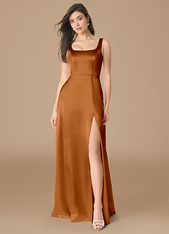Azazie Joyce Bridesmaid Dresses Copper A-Line Side Slit Metallic Satin Dress image1