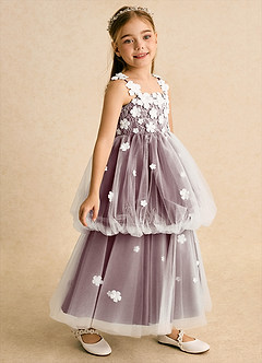 Azazie Teacup Flower Girl Dresses Ivory Cabernet Ball-Gown Lace Tulle Dress image1