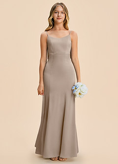 Azazie Lioren Junior Taupe Sheath Bow Stretch Satin Dress image5