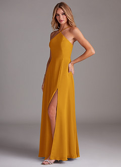 Azazie Bailey Bridesmaid Dresses Butterscotch A-Line Halter Side Slit Chiffon Dress image3