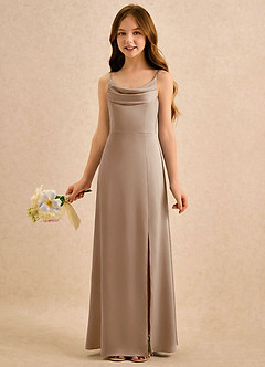Azazie Shira Girls Formal Flower Girl Dresses Taupe A-Line Pleated Stretch Satin Dress image1