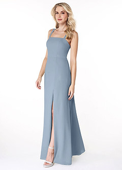 Azazie Jay Bridesmaid Dresses Dusty Blue A-Line Square Neckline Side Slit Chiffon Dress image4