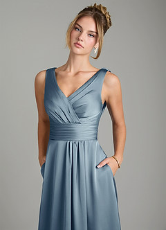 Azazie Karina Bridesmaid Dresses Dusty Blue A-Line Pleated Stretch Satin Dress image7