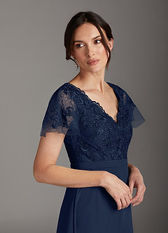 Azazie Singer Mother of the Bride Dresses Dark Navy A-Line V-Neck Lace Chiffon Dress image5