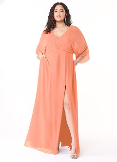 Azazie Rebecca Vente Finale Robe Trapèze en Mousseline de soie Col V à manches longues Coucher De Soleil image7