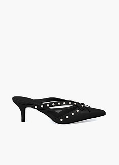 front Pearl and Bow Pointed Toe Kitten Heels