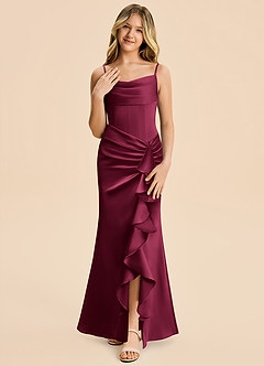 Azazie Rosalia Junior Burgundy Sheath Pleated Stretch Satin Dress image5