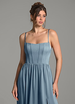 Azazie Delphina Bridesmaid Dresses Dusty Blue A-Line Corset Stretch Satin Convertible Dress image2