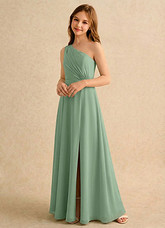 Azazie Puddles Girls Formal Abiti da Ragazza di Fiori Abito A-Line in Chiffon Monospalla Matcha image4
